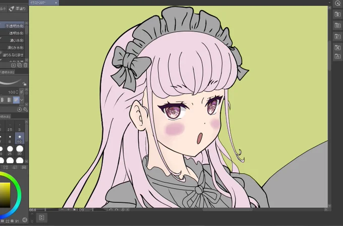 Wip、少し塗り進めました。  髪は金髪にするつもりでしたが薄いピンクにしました。  皆さん、今日も1日お疲れ様でした。  それではおやすみなさい、良い夢を  #イラスト #WIP