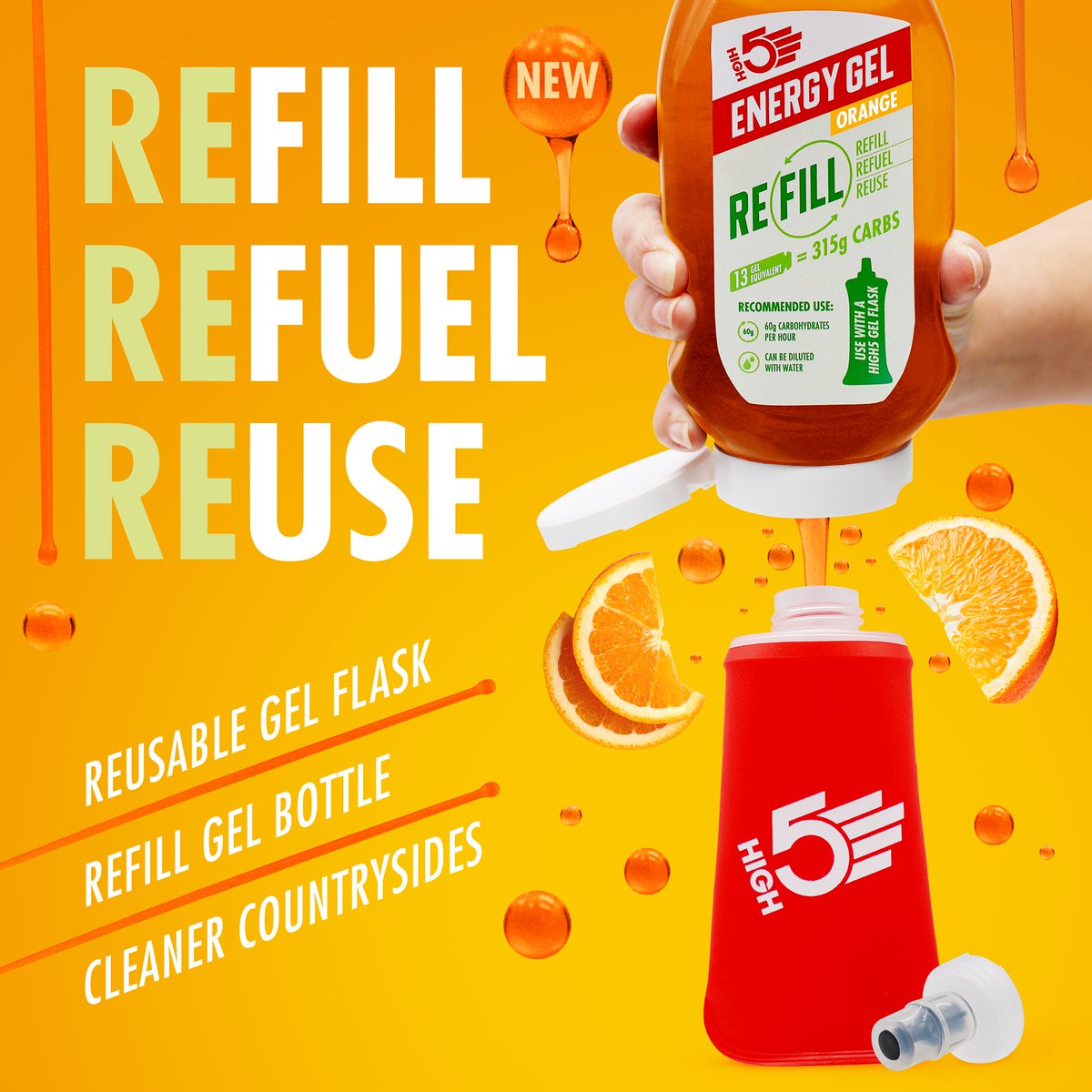 Our Energy Gel Refill Bottle is now available in ORANGE! 🍊 You asked, we delivered. Energy Gel Refill Orange joins Berry, giving you another flavour to top up your HIGH5 Reusable Gel Flask with. Show now: highfive.co.uk/collections/tr… #HIGH5Fuelled #EnergyGel
