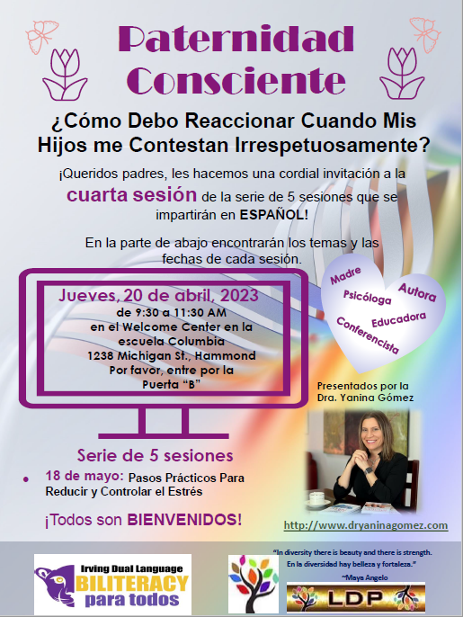 sch_ldp's tweet photo. Mindfulness Parent Workshop en español with Dr. Yanina Gómez!   May 18th will be the last workshop for the 2022-2023 school year!  We hope you can join us! ¡Gracias Familia LDP por acompañarnos cada mes en nuestros tallers! @SCHK12 #schk12 https://t.co/bwQ6JHQjSQ