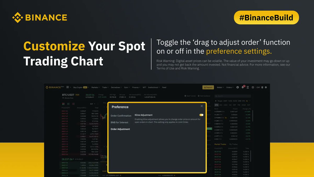 binance's tweet photo. Enhance your trading experience with chart customisation on #Binance web.

Turn the chart order adjustment feature on or off in the settings.

Personalised with #BinanceBuild. https://t.co/pOaO0PM2ZL