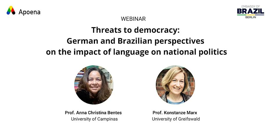 DWIH São Paulo (@dwih_sp) on Twitter photo A <a href="/RedeApoena/">Rede Apoena</a>, que reúne pesquisadores brasileiros na Alemanha, e a @Emb_Berlim realizam no dia 24/abr o webinar “Threats to Democracy: The Impact of Language on National Politics”. O evento é gratuito, mas é preciso se inscrever previamente. Saiba mais: buff.ly/3KN7Dq2 A <a href="/RedeApoena/">Rede Apoena</a>, que reúne pesquisadores brasileiros na Alemanha, e a @Emb_Berlim realizam no dia 24/abr o webinar “Threats to Democracy: The Impact of Language on National Politics”. O evento é gratuito, mas é preciso se inscrever previamente. Saiba mais: buff.ly/3KN7Dq2