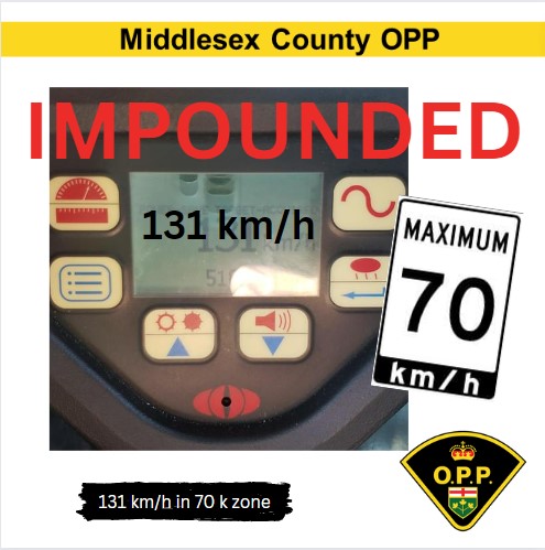 OPP_WR's tweet photo. At the same time kids were getting home from school the driver of this car, a 27-yr-old of @MiddlesexCentre was stopped by a #MiddlesexOPP officer for #StuntDriving in #Ilderton. Please #DrivewithRespect and #SlowDown @CountyMiddlesex #OPP ^jh https://t.co/632kfPzaV1