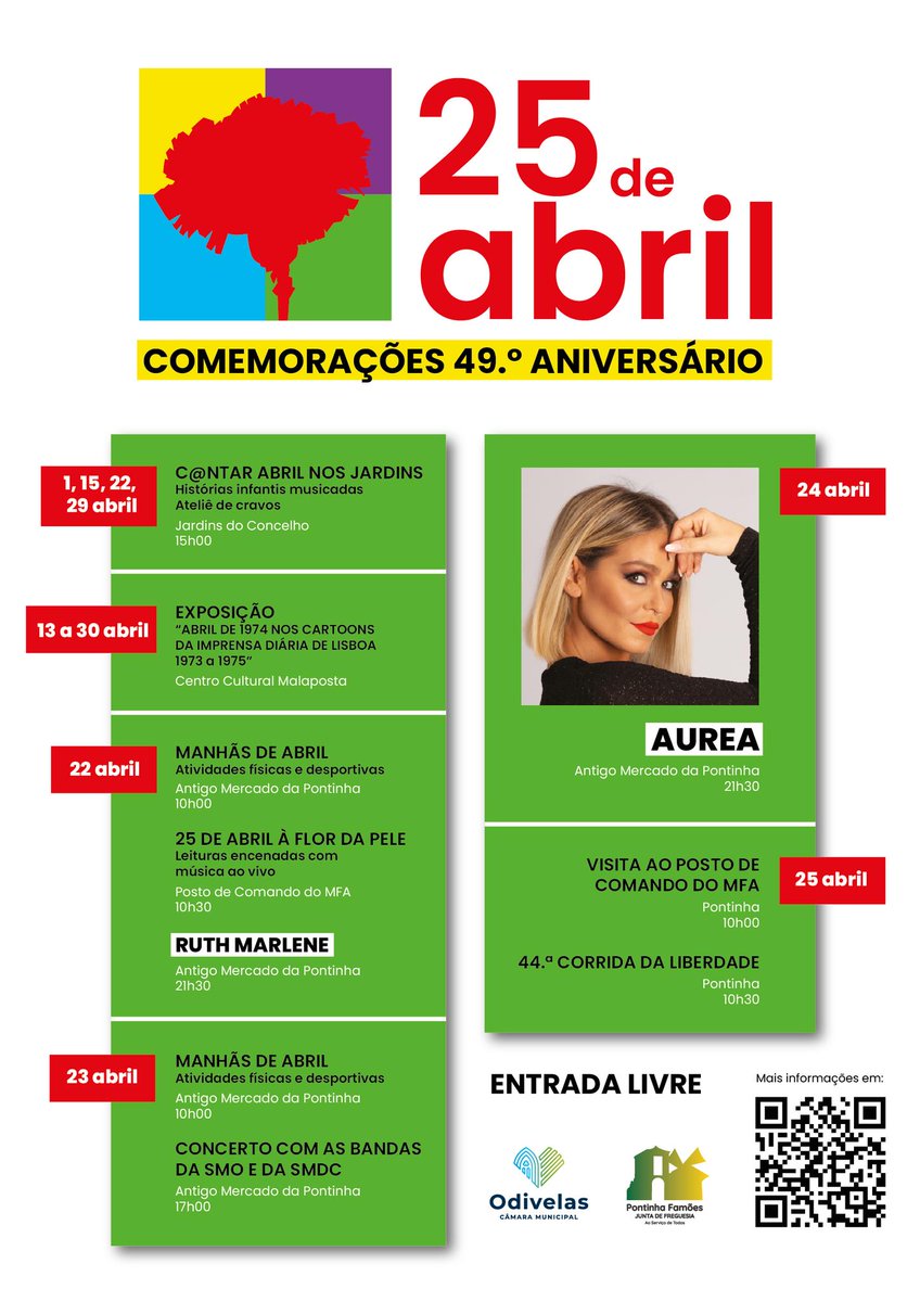 CMOdivelas's tweet photo. A Câmara Municipal de Odivelas comemora, durante o mês de abril, os 49 anos da Revolução de Abril de 1974 com um conjunto de iniciativas gratuitas para a população. No vasto programa de atividades destaca-se o concerto de Aurea.
Mais informações em https://t.co/oUsd3w9ha9. https://t.co/5wvLik1n36