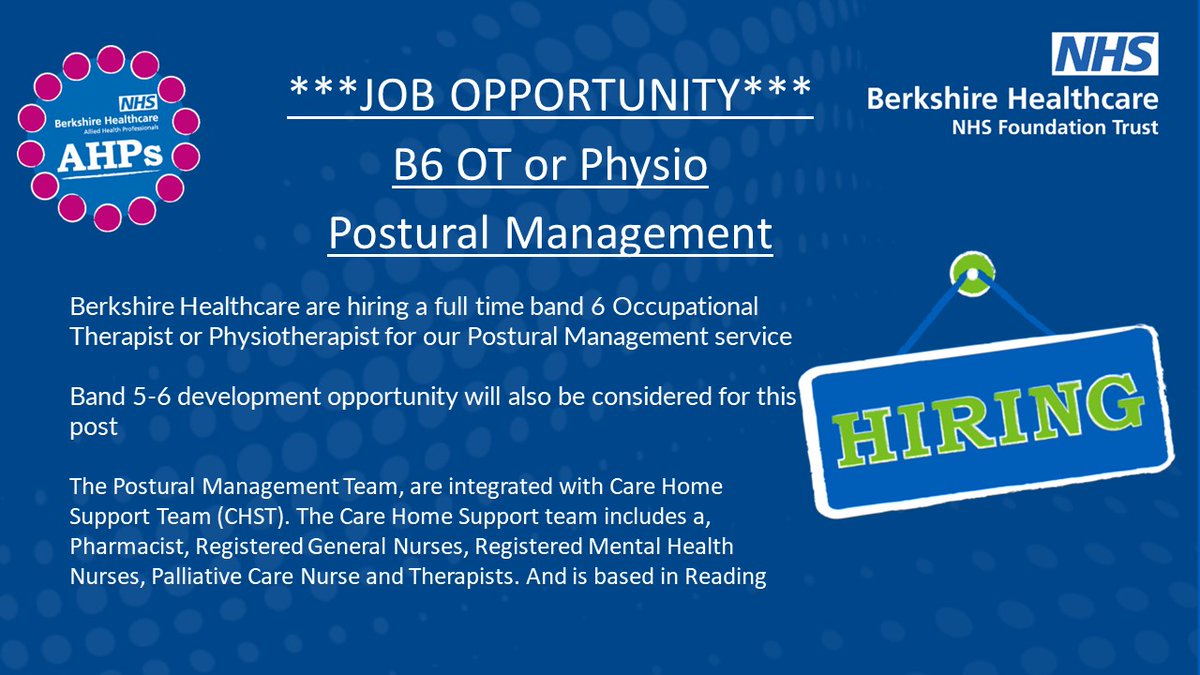 *** Job Opportunity***
Band 6 or Development Band 5-6 Occupational Therapist or Physiotherapist.
Full Time based in Reading
Apply Here
⬇️
beta.jobs.nhs.uk/candidate/joba…