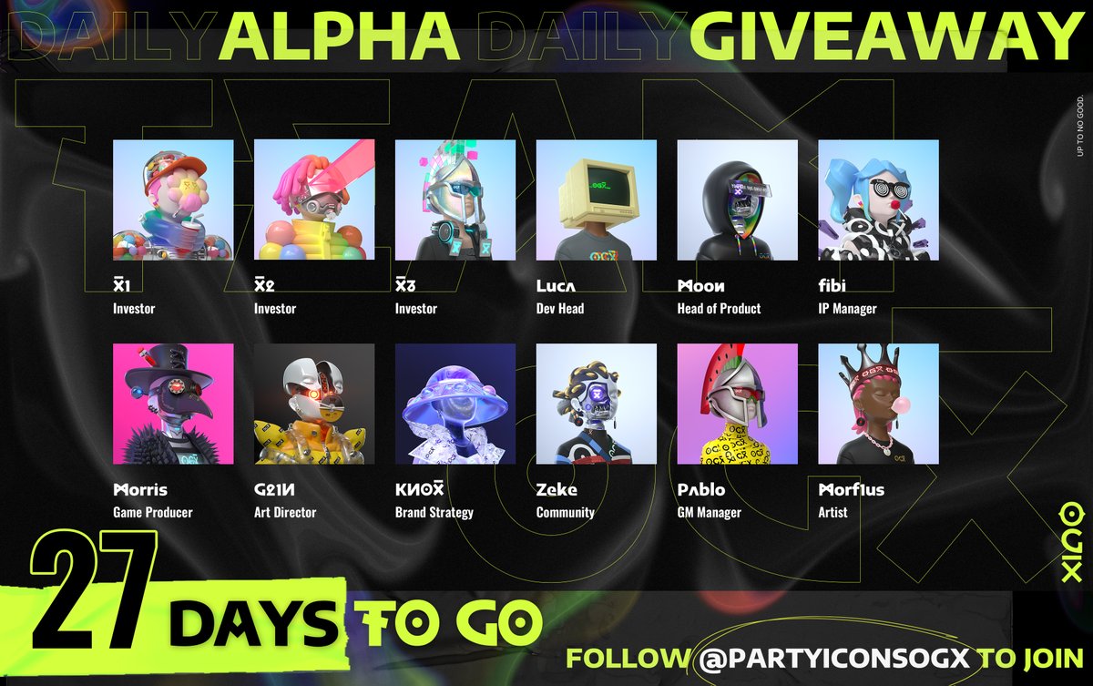 PartyIconsOGX's tweet photo. 1/Just 27 days to go! 👀

Friday Fellows: We’re introducing you to the team behind @PartyIconsOGX and giving away 10 OGX allowlist spots — just ❤️ + RT + follow to participate! 

But first check out our premint link with all the info about our project  👇https://t.co/Dkusc6rkNU https://t.co/7netAETAue