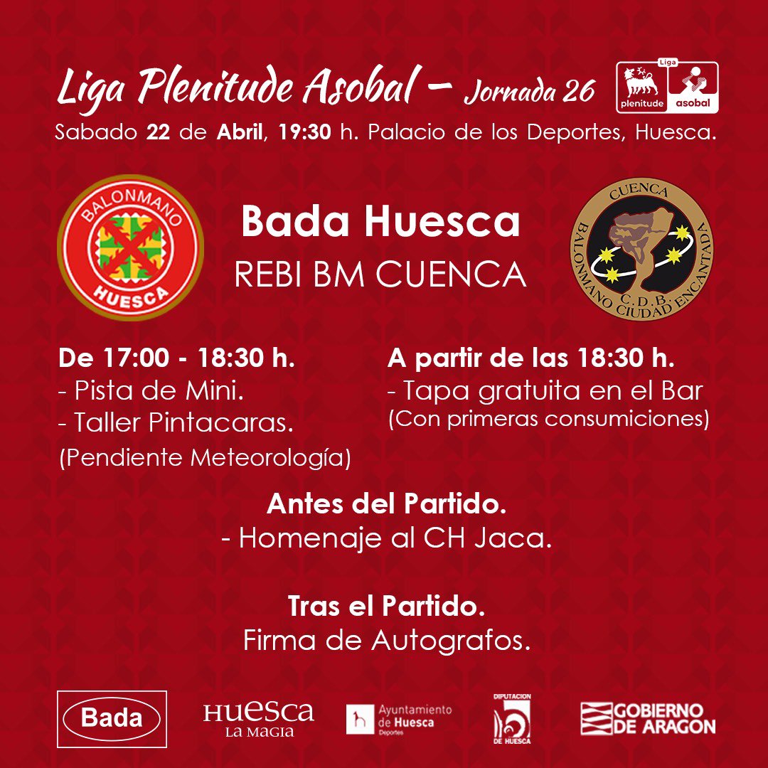 BmHuesca's tweet photo. 🔴 Bada @BmHuesca - REBI @BMCdadEncantada 

Partido patrocinado por Monte Pinos💧

Estas son las iniciativas que van a rodear el partido 🤾‍♂️

https://t.co/MkZvZGW7M6

#BadaHuesca #HuescaLaMagia #VamosBada #LigaPlenitudeASOBAL #HCACQN #Balonmano #Handball https://t.co/pbkZxIYD8g