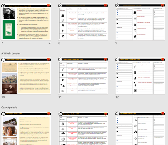 HelenHinde3's tweet photo. Done a lot of thinking around the anthology &amp;reducing the load for students / streamlining what's revised. Created one page revision summaries for each poem focusing on just five pivotal quotations. Some really strong results with my Y11 class in terms of engagement &amp; retention. https://t.co/qNOqJI5Q1x