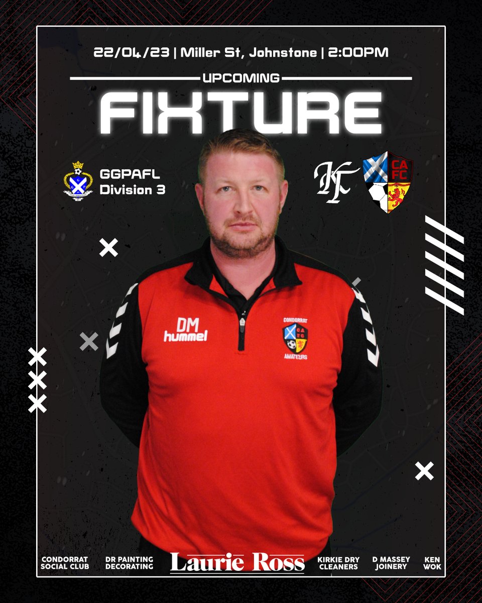 CondorratAFC's tweet photo. 🔴𝔽𝕀𝕏𝕋𝕌ℝ𝔼⚫️

📅 Saturday 22nd April
⏰ 14:00 Kick Off

🆚 @Kilbarchan_AFC 
🏟️ Miller St, Johnstone, PA5 8HP

🏆 @GGPAFL Division 3

🤝 @LaurieRossIns 
🤝 @drewmassey80 
🤝 @ClubCondorrat 
🤝 @davritchie1 
🤝 Kirkie Drycleaners Ltd
🤝 Ken Wok

@scottish_aff @AmmiesFitba https://t.co/Cc3GuAwIU9