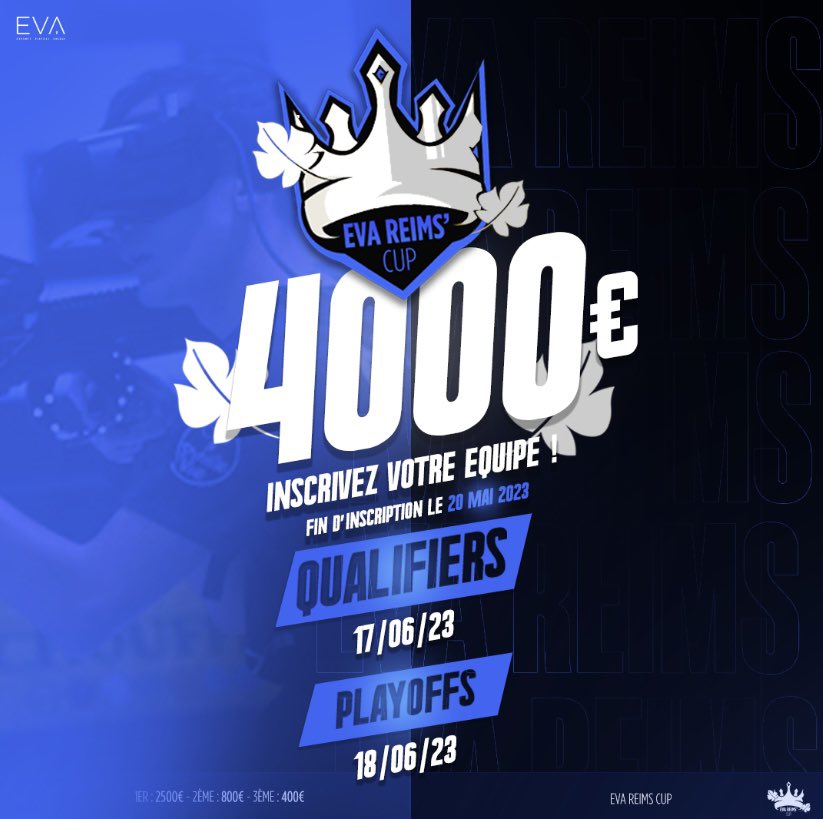 📣Les inscriptions pour l'EVA REIMS CUP 2 sont ouvertes !

Formez votre équipe et devenez les Rois de REIMS 👑

Le lien pour s'inscrire avant le 20/05 👉 

play.toornament.com/fr/tournaments…

#vr #esport #vresports

✏️<a href="/Yowhzah/">Joel</a>