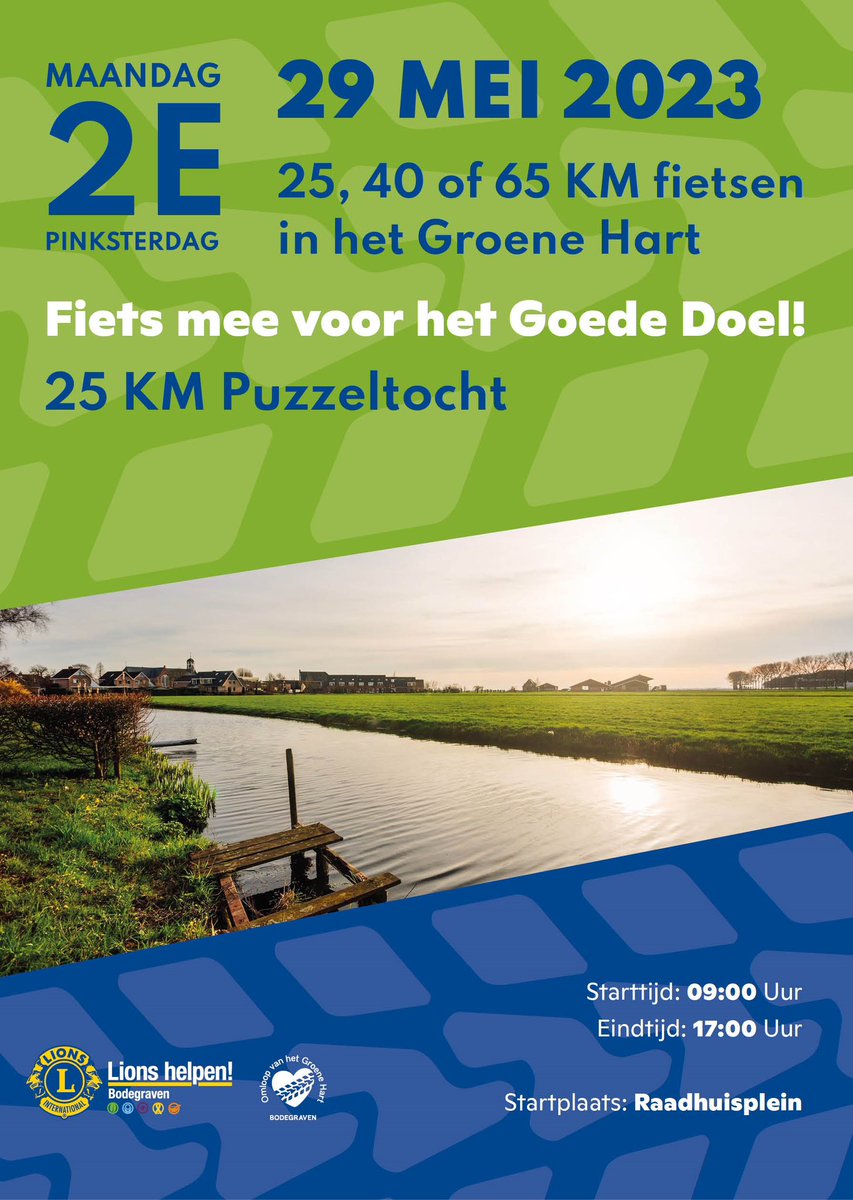 Op een mooie Pinksterdag uzelf en en ander blij maken? Dat kan! Fiets mee en steun het Goede Doel! 25* (met puzzeltocht), 40 of 65 km door en langs de mooiste plekken van <a href="/GroeneHart/">Visit Groene Hart</a> &amp; <a href="/CheeseValley_NL/">CheeseValley</a>. Opbrengst voor <a href="/DeZonnebloem/">DeZonnebloem</a> afdeling <a href="/gem_BR/">Bodegraven-Reeuwijk</a>. <a href="/lionsclubs/">Lions International</a> helpen! ❤️