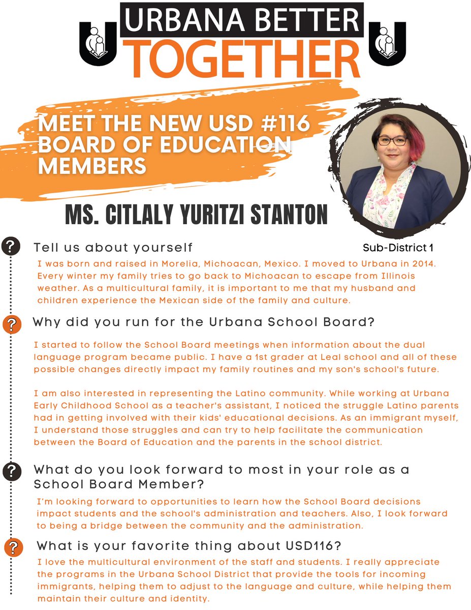 We will introduce the new #USD116 Board of Education Members over the next week. They will be seated next month.

Meet Sub-District 1 Board Member-elect: Ms. Citlaly Yuritzi Stanton. #UrbanaBetterTogether 

usd116.org/boe-yuritzi-st…

<a href="/Urbana116Super/">Superintendent Ivory-Tatum</a>