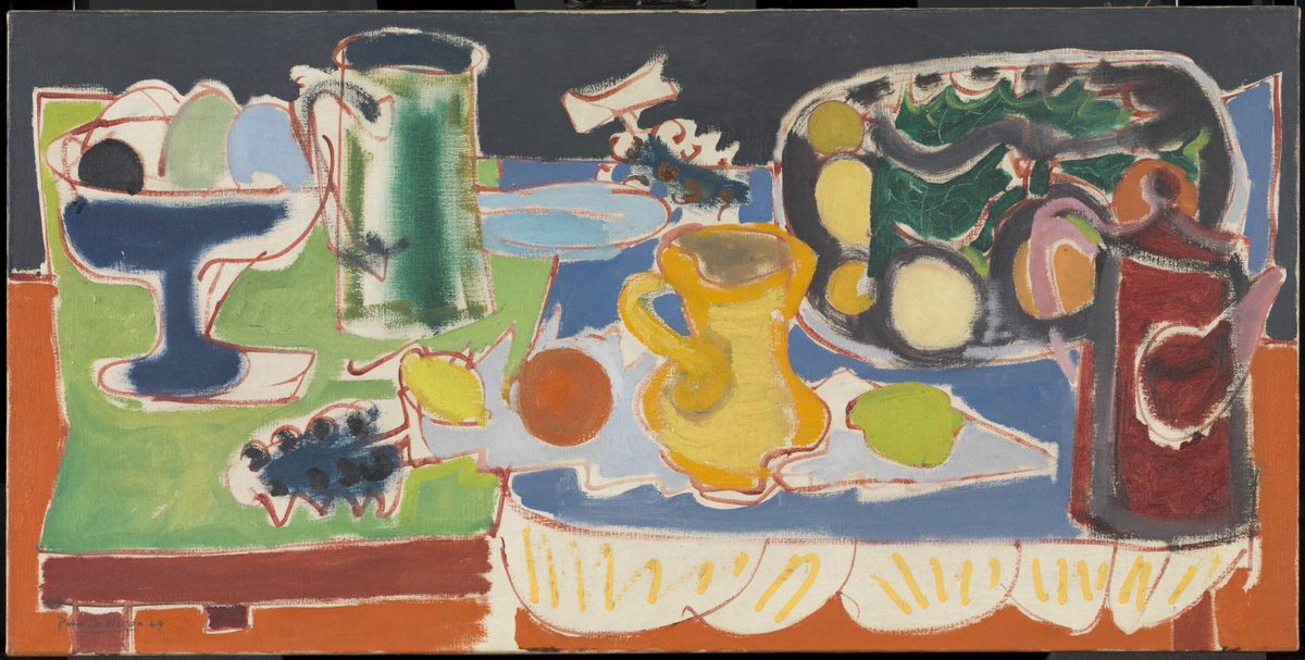 Tate's tweet photo. #EidMubarak to everyone celebrating #EidAlFitr to mark the end of #Ramadan ✨ a time of reflection and solidarity. Celebrated around the world, The Festival of Breaking the Fast wouldn't be complete without cooking up a feast! 🍽️🌙

Patrick Heron, The Long Table with Fruit 1949. https://t.co/7HDuKSaVyc