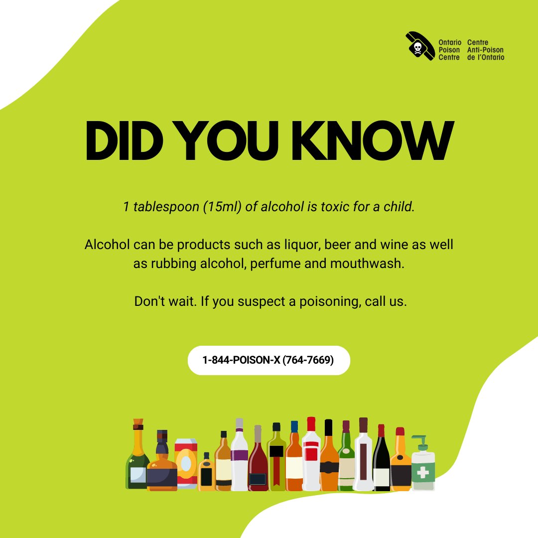 ON_Poison's tweet image. Another #FunFactFriday! 💡

Did you know 1 tbsp of alcohol is toxic for a child.
Alcohol products should always be locked away &amp;amp; stored out of reach from children.

If you suspect a poisoning, we’re here to help! #MakeTheRightCall 1-844-POISON-X (1-844-764-7669).

#PreventPoison