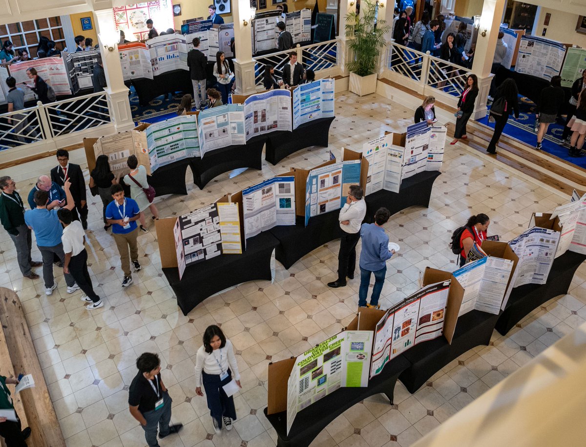 Go_JSHS's tweet photo. Happy World Creativity and Innovation Day! At #NJSHS23, student participants had all their creative and innovative research on full display. This fantastic aerial shot shows just some of the poster networking social, where poster presenters shared their work with their peers. https://t.co/FjCYfcvuV9