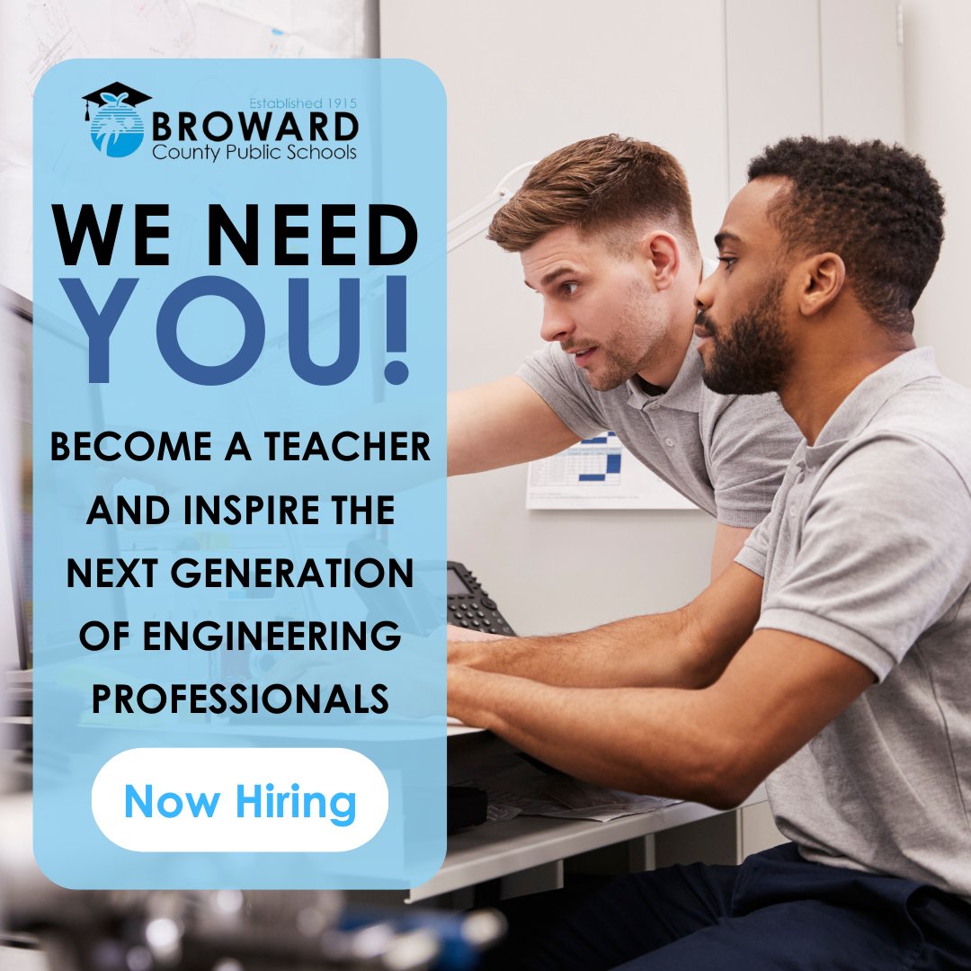 browardk12teach's tweet photo. We Need You! Join BCPS as a Teacher in our Career, Technical, Adult & Community Education (CTACE) Program. Inspire the next generation!
Click to get started 👉https://t.co/qMkcHIbA8w
.
.
#hiringeducators #teachingjobs #teacherjobs #engineering #engineeringteachers https://t.co/UNr1wgpxdX