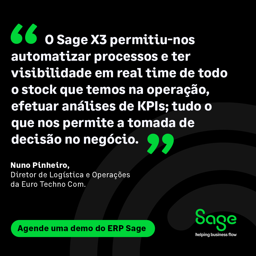 sageportugal's tweet photo. Nuno Pinheiro, Diretor de Logística e Operações da Euro Techno Com, reconhece as vantagens das soluções Sage X3 que lhe permitiram trabalhar com maior rapidez, simplicidade e flexibilidade. Agende uma demo e saiba mais sobre o ERP Sage, aqui: https://t.co/liqrwAByHw https://t.co/QWLdGQTdfU