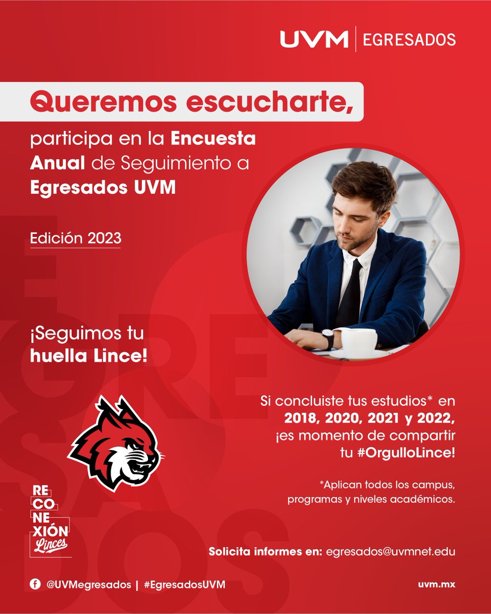 UVMMEXICO's tweet photo. #EgresadosUVM | ¿Eres egresado de la UVM? ¡Queremos saber de ti! Participa en nuestra encuesta anual de seguimiento a egresados de las generaciones 2018 al 2022. Tu opinión es muy importante para nosotros.
👉 https://t.co/w7UaV0Lb4o https://t.co/kAC9qbi2G6