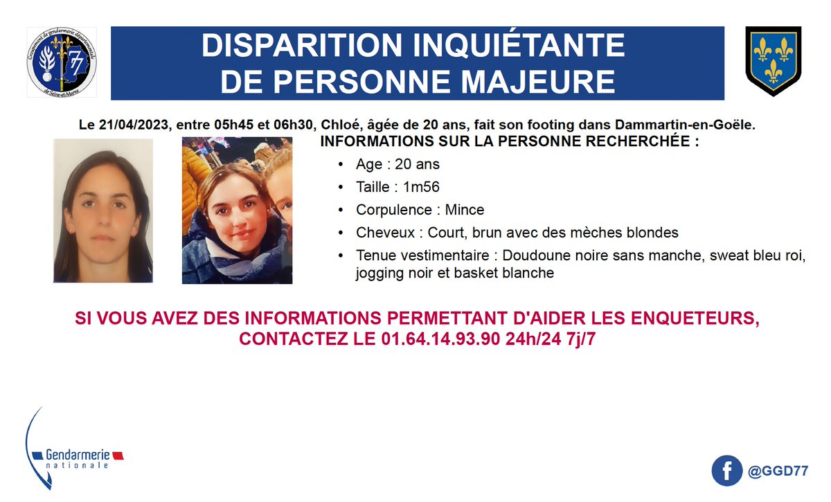 ⚠️ 𝗗𝗜𝗦𝗣𝗔𝗥𝗜𝗧𝗜𝗢𝗡 𝗜𝗡𝗤𝗨𝗜𝗘́𝗧𝗔𝗡𝗧𝗘 ⚠️ 

Si vous avez des informations pouvant aider les enquêteurs, merci de contacter le 01.64.14.93.90.
Merci pour vos partages !