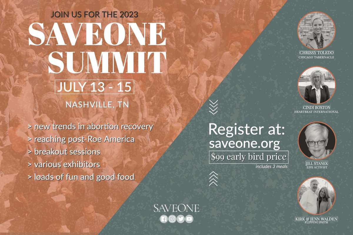 SaveOne1's tweet image. We hope that you are making plans to join us at the 2023 SaveOne Summit!

Get registered now at the Early Bird price of just $99! 
To register and for all of the details, visit our website. saveone.org

#saveone #lovelife #saveonesummit23 #saveonesummit #earlybird