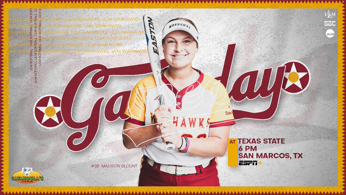 ULM_Softball's tweet photo. 𝐆𝐚𝐦𝐞𝐝𝐚𝐲 𝐢𝐧 𝐭𝐡𝐞 𝐥𝐨𝐧𝐞 𝐬𝐭𝐚𝐫 𝐬𝐭𝐚𝐭𝐞

🥎🆚 Texas state 
⏰ 6 PM
📍 San Marcos, TX
📺 ESPN + https://t.co/EEYGJFrlh7