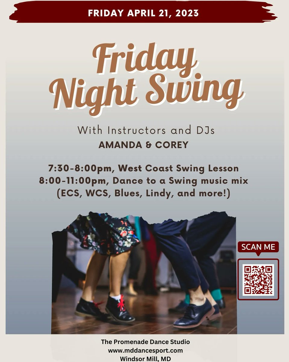 MDYogaDoc's tweet photo. Join the amazing Amanda Stearns and Corey Von Ginkel tonight for Friday Night #Swing!

You can visit #thePromenade #DanceStudio at 
https://t.co/oLO6Ub4XO2!

#marylanddance #ballroom #danceevents #socialdance #socialdancing #danceclasses #danceparty #danceclass #swingdance https://t.co/37cAwsaxtT