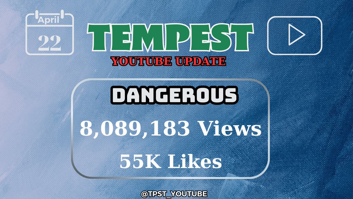 TPST_YOUTUBE's tweet photo. TEMPEST YOUTUBE UPDATE 📊 230422-12AM (KST)

❎ DANGEROUS MV 🎶
🖥️💻📱 8,089,183 Views  
👍55K Likes 
👉 https://t.co/9uTpnkMpCP
💪iEs fighting!

#TEMPEST #템페스트 #TPST_YOUTUBE https://t.co/BuxmmyHeYD