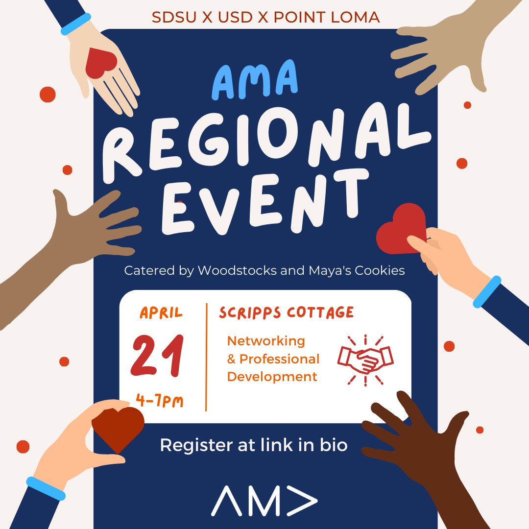 Join us at SD AMA's Regional Conference TODAY frm 4-7pm at Scripps Cottage!

Connect with other chapters, explore AMA opportunities, and enhance your professional skills with speakers from SDAMA professional and Aquent.