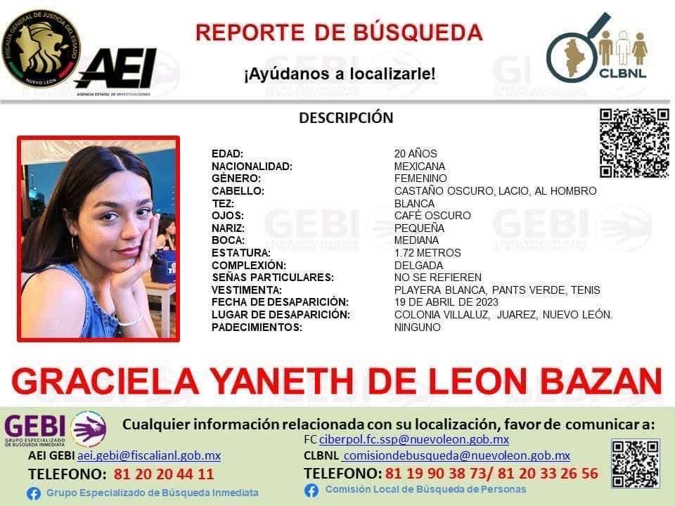 🚨#Aviso solicitamos su colaboración para localizar a GRACIELA YANETH DE LEON BAZAN #Júarez