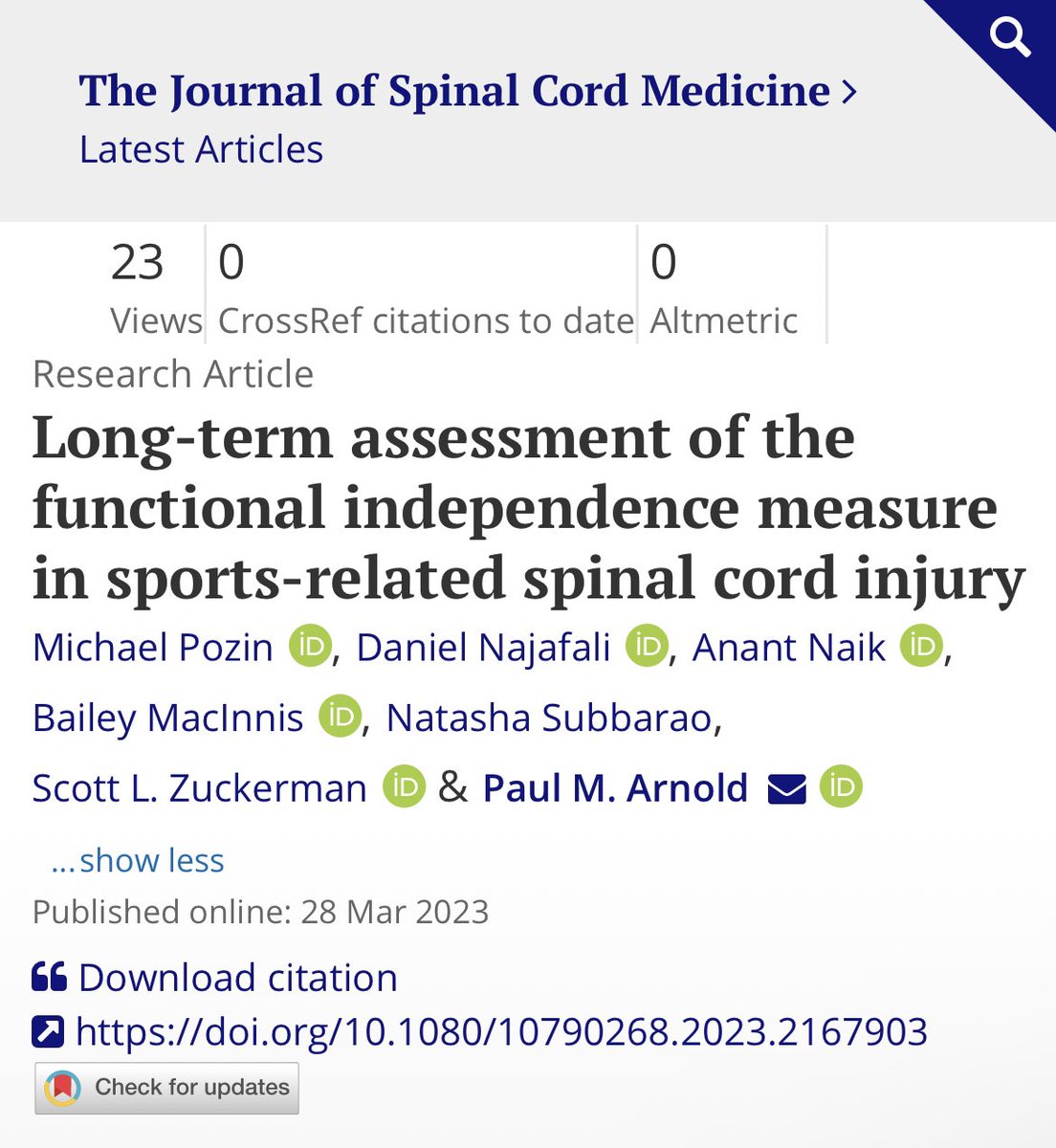 Excited to share our new paper on sports-related SCI functional recovery. Great work to our team and grateful for our mentors from <a href="/ILLINOISmed/">Carle Illinois Med</a> and <a href="/VanderbiltU/">Vanderbilt University</a>. 

Read the full paper here: tandfonline.com/doi/abs/10.108…