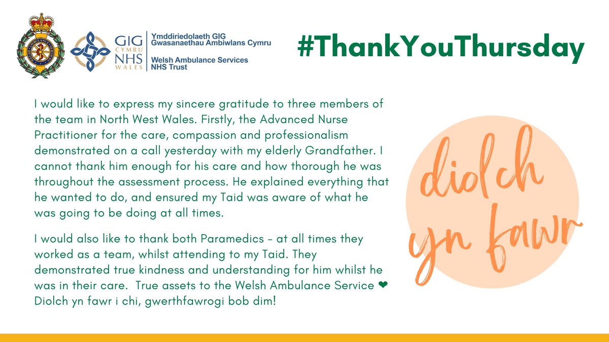 The North West Wales team @WelshAmbulance are praised in this week's #ThankYouThursday

Sincere thanks were received for the whole team for their care, compassion and 'true kindness' while attending an elderly grandfather. 

#RemarkablePeople #TeamWAST