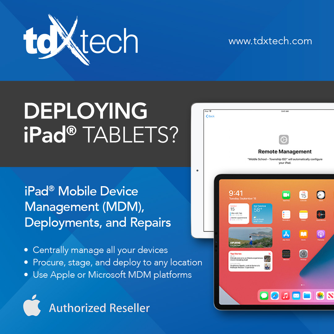 TDXTech's tweet photo. Deploying #iPads across your organization? TDX Tech's #procurement, #staging, and #deployment teams can help configure your corporate #iPad data and apps. More at: https://t.co/vGE1J0eUK2

#MDM #TDXTech #doITsmarter https://t.co/6JI5KnyTzQ