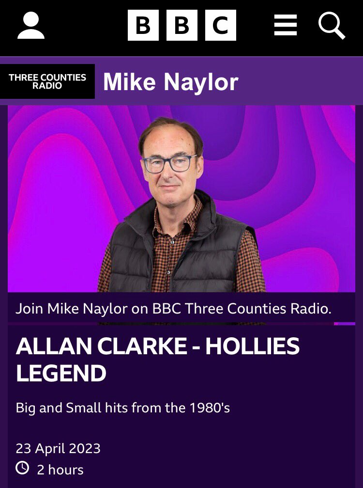 Allan will be Mike Naylor’s guest at BBC Three Counties Radio on Sunday at 2:00 PM.

Listen via @BBCSounds

#AllanClarke 
@holliesofficial 
@MikeNaylorbbc 
@BBC3CR 
@LDPromos 
@BMGuk