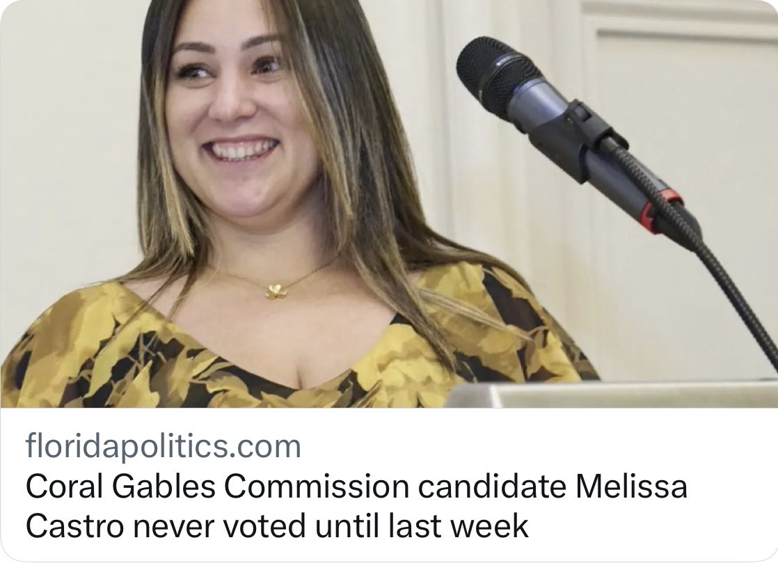 Scandalous! Imagine if you will a 38 yr old woman running for political office though she’s never once voted in an election 🗳️ in her lifetime—other than the time she voted for herself! Well, she exists and she’s a candidate for #CoralGables City Commission!👇 

It’s a travesty