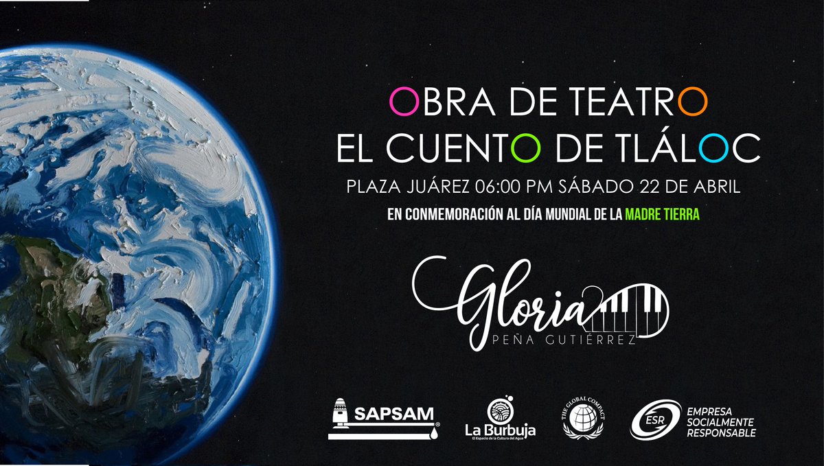 SapsamOficial's tweet photo. El Organismo Operador SAPSAM, invita al público general  a asistir a la presentación de la obra de teatro:
"El cuento de Tláloc" el próximo sábado 22 de abril en la plaza Juárez, a las 06:00 P.M., con motivo de la conmemoración al día mundial de la Madre Tierra.
#SAPSAM https://t.co/guHdiL2RPI