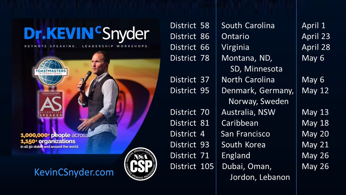 kevincsnyder's tweet photo. Beyond honored to be a keynote speaker for these Toastmasters conferences all over the world ... so grateful and humbled.  If I am in your area, please let me know! https://t.co/NcbdX89nLk