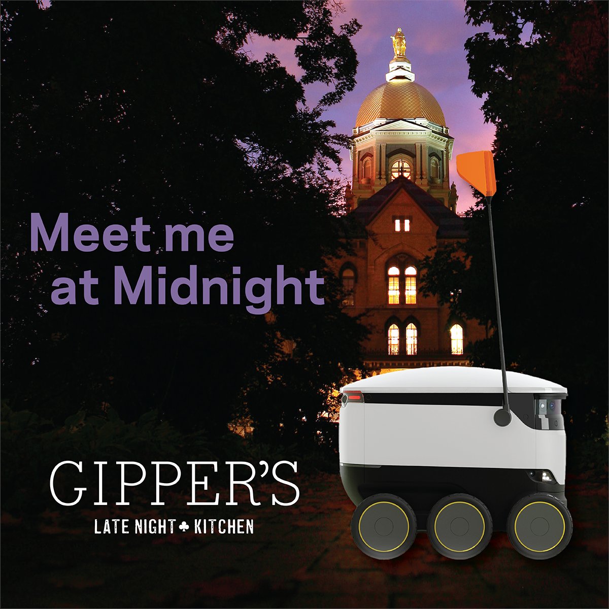 NDDining's tweet photo. Hungry after an evening out? Introducing Gipper's, a new ghost kitchen on campus available only by robot delivery through the Grubhub app! Order Detroit-style pizza, wings, cookies, and gelato Friday and Saturday nights from 8pm - 2am. https://t.co/niKX1EjoPY