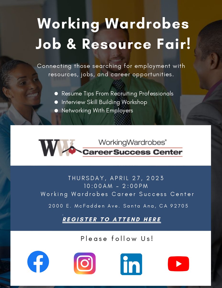 @WorkingWardrobe is hosting a job and resource fair on Thursday, April 27 at their Career Success Center. 💼 See the flyer for more information. 
Register here -eventbrite.com/e/working-ward….