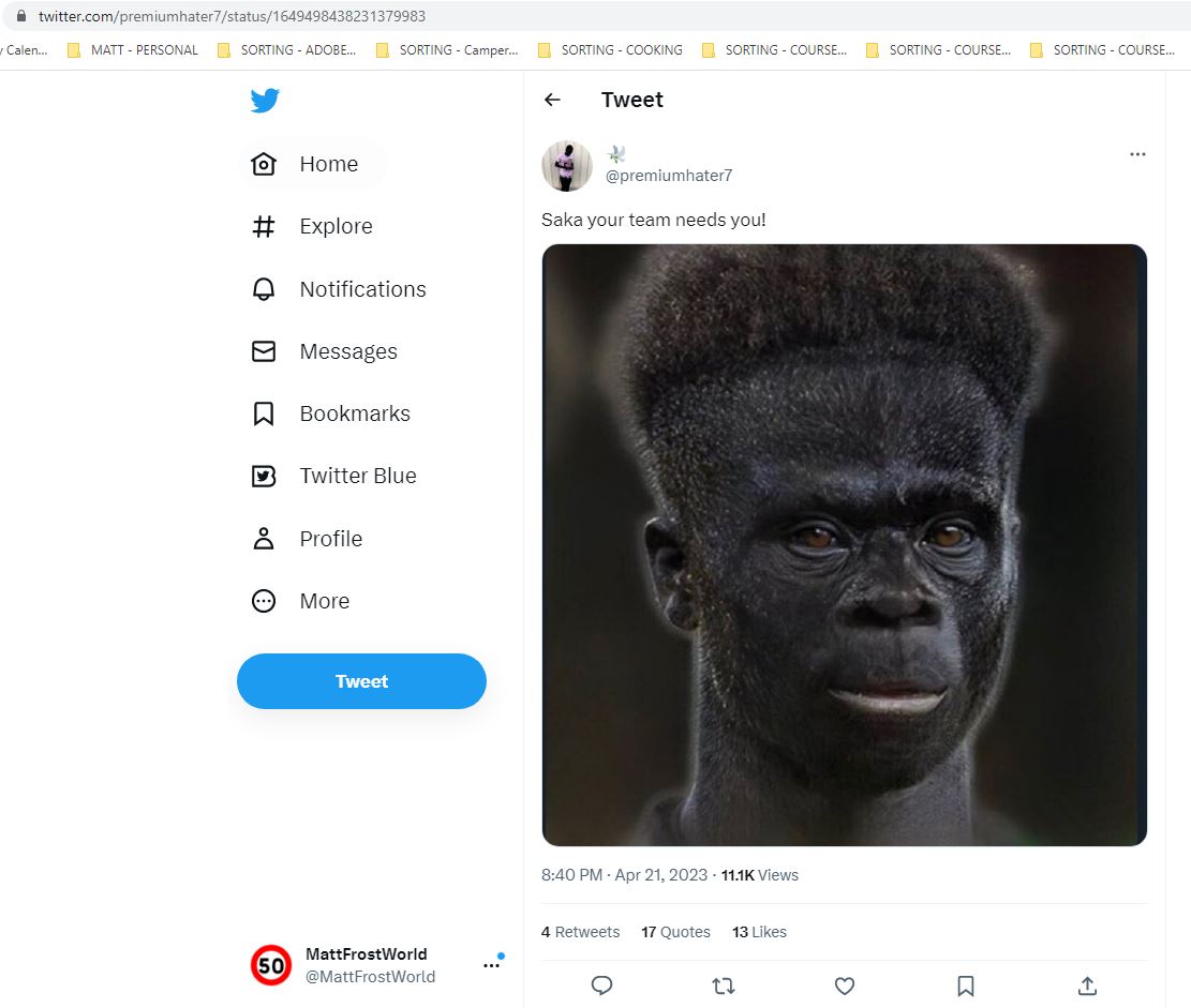 Tweet Deleted but this person needs finding and dealing with - Utterly horrific tweet !!!!
<a href="/Twitter/">Twitter</a> <a href="/Arsenal/">Arsenal</a> <a href="/PLComms/">Premier League Communications</a> <a href="/premierleague/">Premier League</a> <a href="/England/">England</a> <a href="/EnglandFootball/">England Football</a> <a href="/SkySportsPL/">Sky Sports Premier League</a> <a href="/SkySportsNews/">Sky Sports News</a>