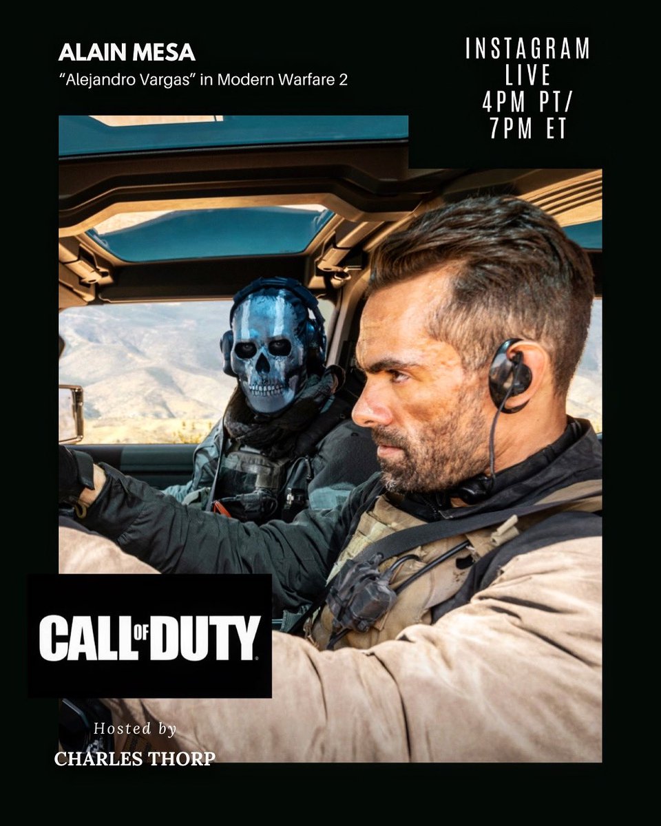 Charles Thorp (@charlesthorp) on Twitter photo Doing a little virtual hang out tonight with @TheAlainMesa actor behind Alejandro Vargas in @CallOfDuty Modern Warfare 2.
Come check it out on @Instagram #IGLive <a href="/charlesthorp/">Charles Thorp</a> add me on the link below. Grab a drink and talk video games + training. Doing a little virtual hang out tonight with @TheAlainMesa actor behind Alejandro Vargas in @CallOfDuty Modern Warfare 2.
Come check it out on @Instagram #IGLive <a href="/charlesthorp/">Charles Thorp</a> add me on the link below. Grab a drink and talk video games + training.