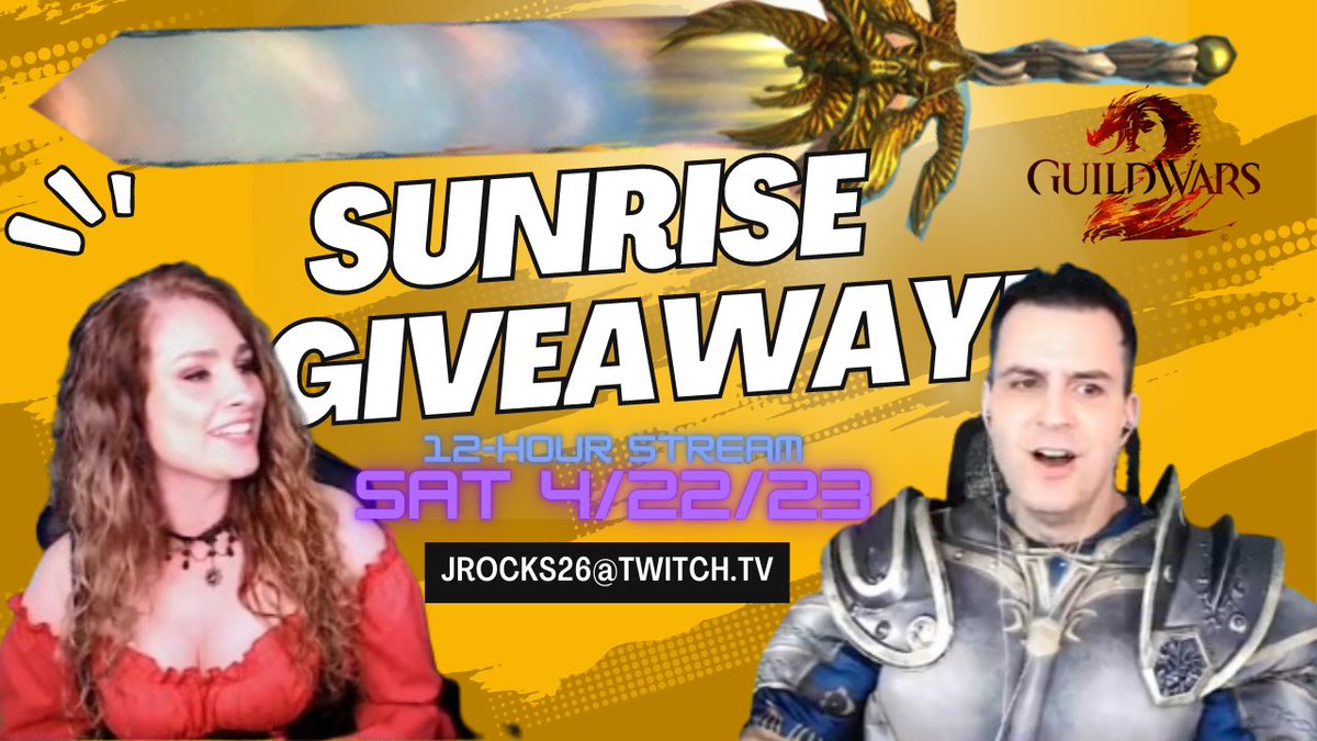 Jrocks261's tweet photo. Come hang out with Devinity and I this Saturday for a 12-hour #guildwars2 stream with GIVEAWAYS every hour including the awesome Legendary great sword Sunrise! 

We will see you there!

Saturday 4/22/23; noon EST until midnight 
Jrocks26@twitch.tv https://t.co/hPUg2VZ5wg