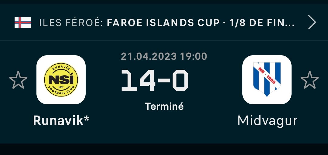 BP842's tweet photo. Le carton de la soirée est en direction des Îles Féroés.
Runavik s'impose sur le score de 14/0 face a Midvagur. Une équipe de D3 certe, mais les locaux ont besoin de renouveau après leur descente l'an dernier .
#Runavik #IlesFeroes https://t.co/2Mqnz52nIb