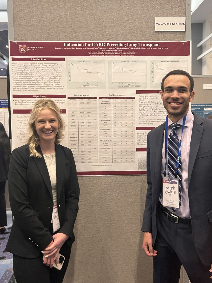 Congratulations to <a href="/LoyolaStritch/">Stritch School of Medicine Loyola Chicago</a> MS2 students <a href="/JosephZywiciel/">Joseph F Zywiciel Jr</a> and Aimee Thomas showing use of coronary interventions before 🫁 transplant at #ISHLT2023 

<a href="/krishnanwarrior/">Krishnan Warrior</a> @BBPulmDoc <a href="/cvmangukia/">Chirantan Mangukia</a>
