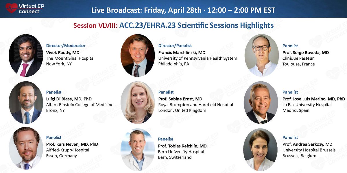 #epeeps Join us in 1 week for Live @connectEP Broadcast. ACC.23/#EHRA2023 Scientific Sessions Highlights featuring @VivekReddyMD @SergeBoveda @LuigiDiBiaseMD Sabine Ernst Francis Marchlinski @joselmerino Kars Neven @TobiasReichlin @AndreaSarkozy register @ tinyurl.com/acchrasession