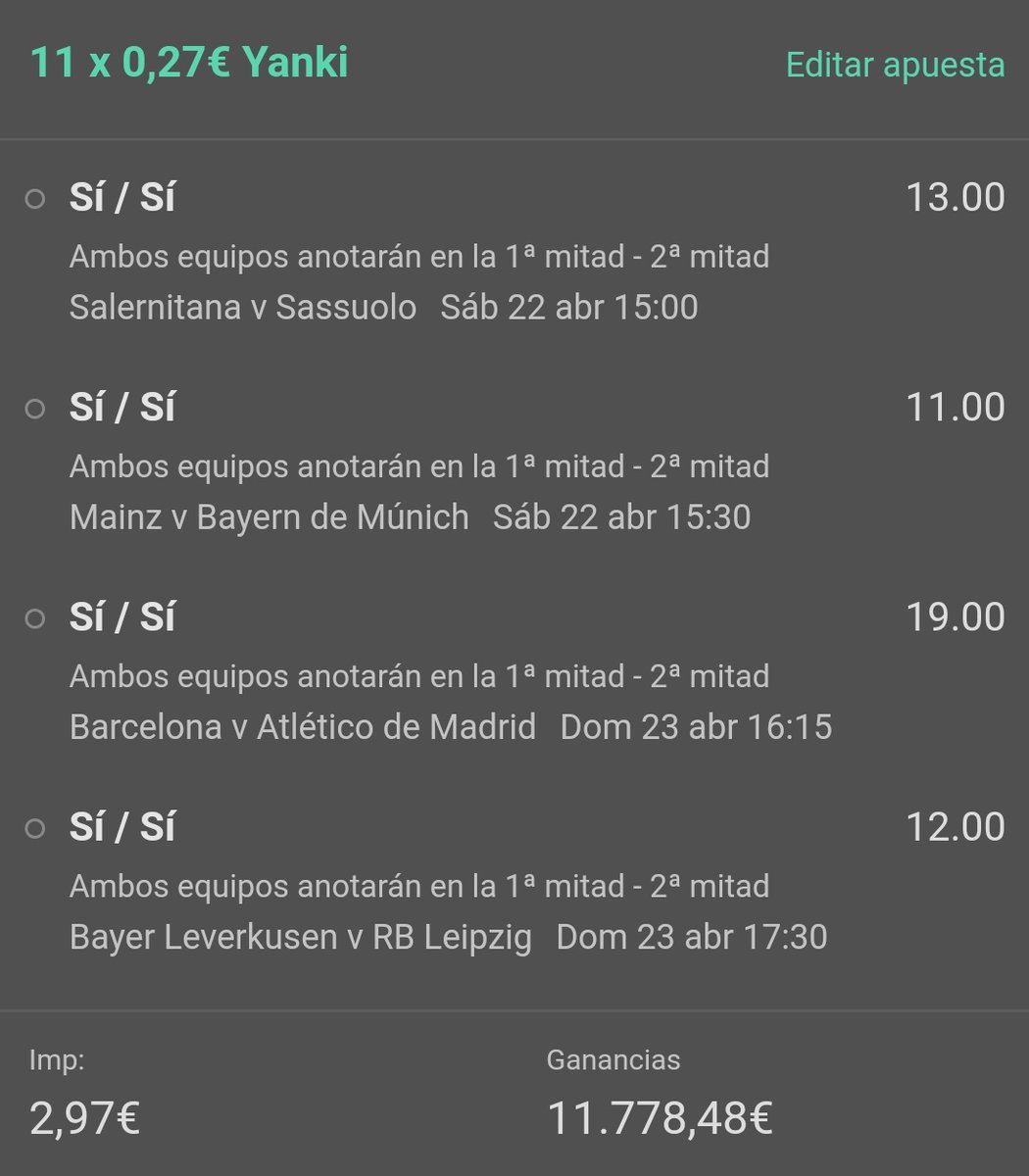 TeBuscoPicks's tweet photo. Un par de funbet para este finde 👇👇

⚽ @15
⚽ Yanki 💣💣💣💣

#Apuestas https://t.co/bMR1vV3p3J
