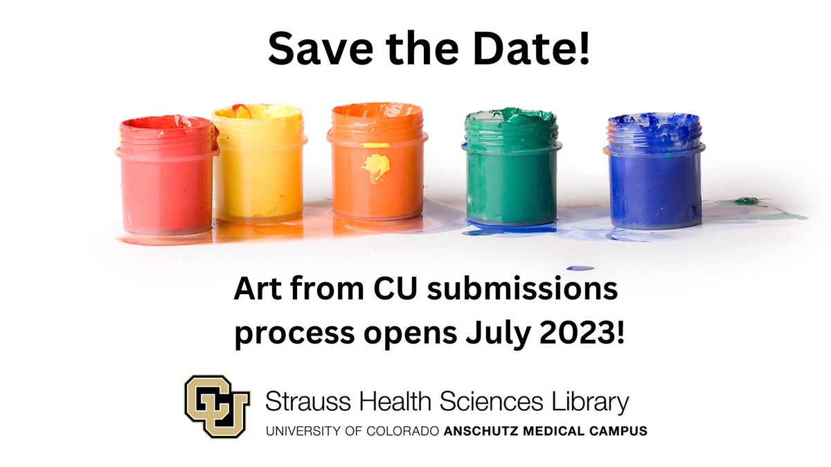 CU Anschutz Strauss Health Sciences Library (@strausslibrary) on Twitter photo Are you an artist? Have you created something spectacular recently? Do you work for CU Anschutz or CU Denver? Get your submissions ready for Art from CU. Coming July 2023! Questions? Ask Dana Abbey: dana.abbey@cuanschutz.edu #artexhibition #artistsfromcu #CUAnschutz #CUDenver Are you an artist? Have you created something spectacular recently? Do you work for CU Anschutz or CU Denver? Get your submissions ready for Art from CU. Coming July 2023! Questions? Ask Dana Abbey: dana.abbey@cuanschutz.edu #artexhibition #artistsfromcu #CUAnschutz #CUDenver