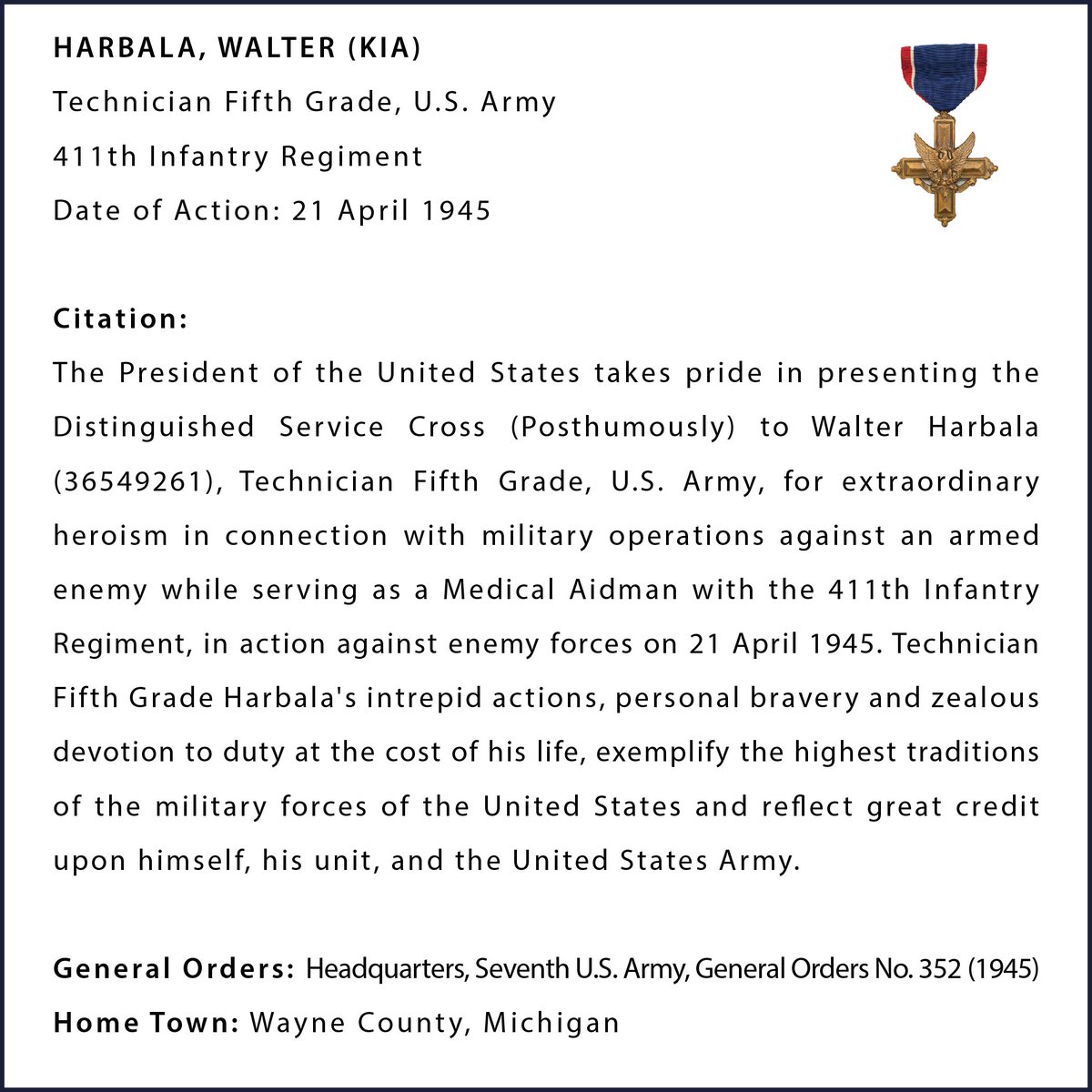 21 APR 1945: Walter Harbala a medical aid man with the 411 Infantry Regiment (103rd INF Division), posthumously earns the Distinguished Service Cross.

#WalterHarbala #AidMan #DistinguishedServiceCross