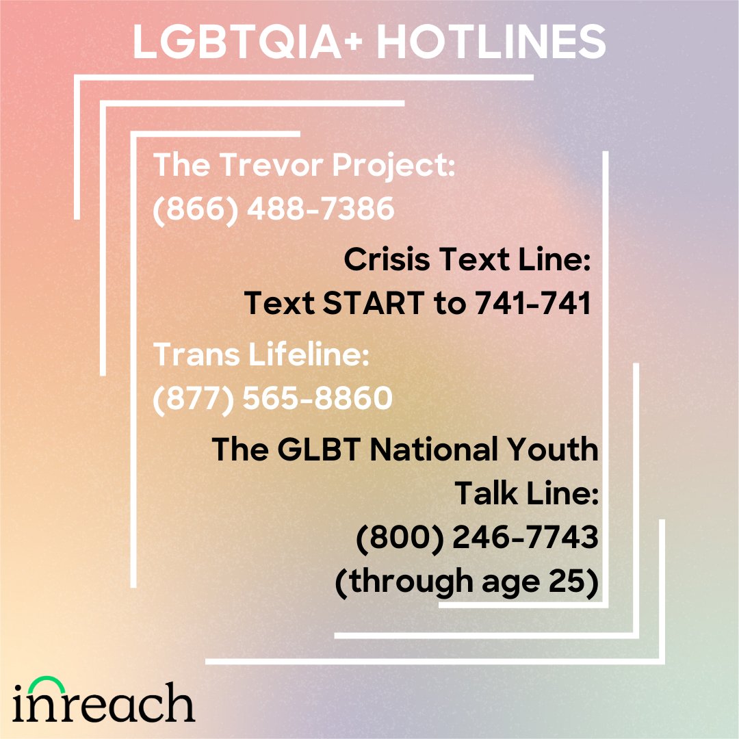 weareinreach's tweet photo. This is a scary time for LGBTQIA+ individuals. You must take time for yourself and for others. If you need help, here are a few phone hotlines to contact. Remember to stay strong and to seek out help when need be.
#safehelpisinreach #lgbtqiahotline https://t.co/t1FX2fJNZX