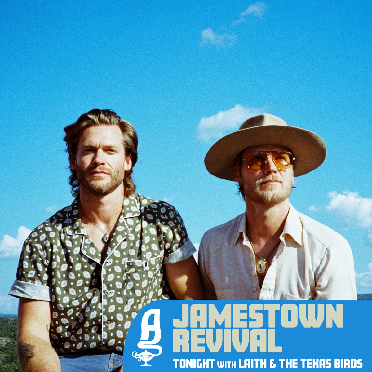 aladdintheater's tweet photo. TONIGHT! @JTRevival plays @aladdintheater at 8pm, with special guests Laith &amp; The Texas Birds! Listen LIVE as the Austin-based duo visits with their new album, ‘Young Man,’ their first to be recorded in a studio setting. Tickets are on sale now!

TIX 🎟️ https://t.co/gZLKvzAUVX https://t.co/TfH9HYSsc6