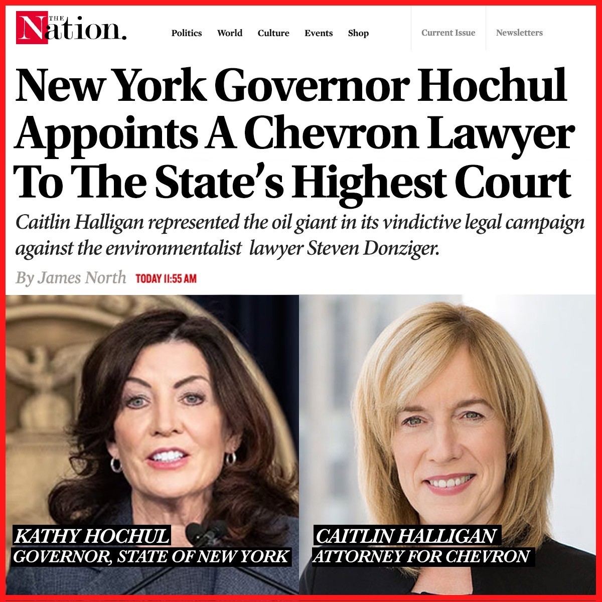 SDonziger's tweet image. A Chevron lawyer who targeted me for winning the historic Ecuador pollution case was just put on the high court of NY – the same court that engineered my unjust disbarment. 

@GovKathyHochul named a fossil fuel lawyer as judge at a time of climate crisis.
thenation.com/article/societ…