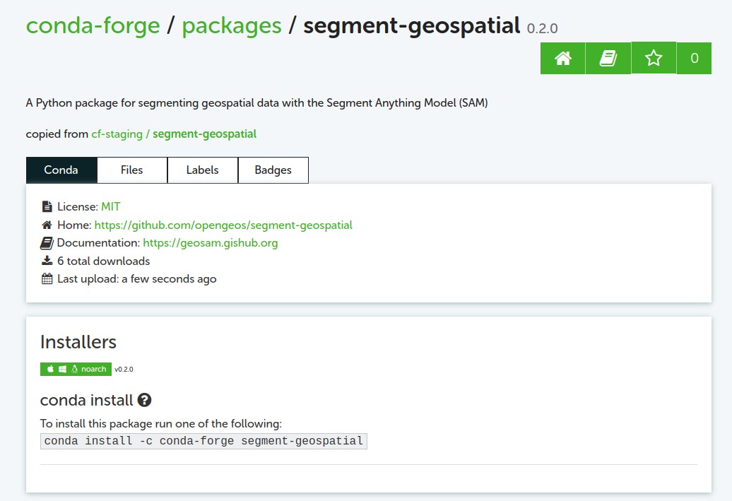 giswqs's tweet image. The segment-geospatial Python package is now available on conda-forge. Install it with one command:

mamba install -c conda-forge segment-geospatial

#segmentanything #geospatial #geopython